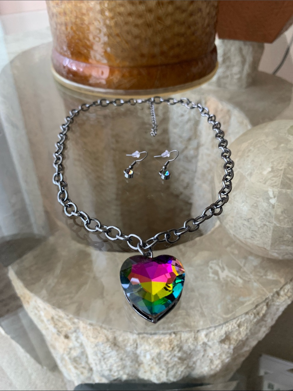 Gunmetal and Iridescent Necklace and Earrings Set